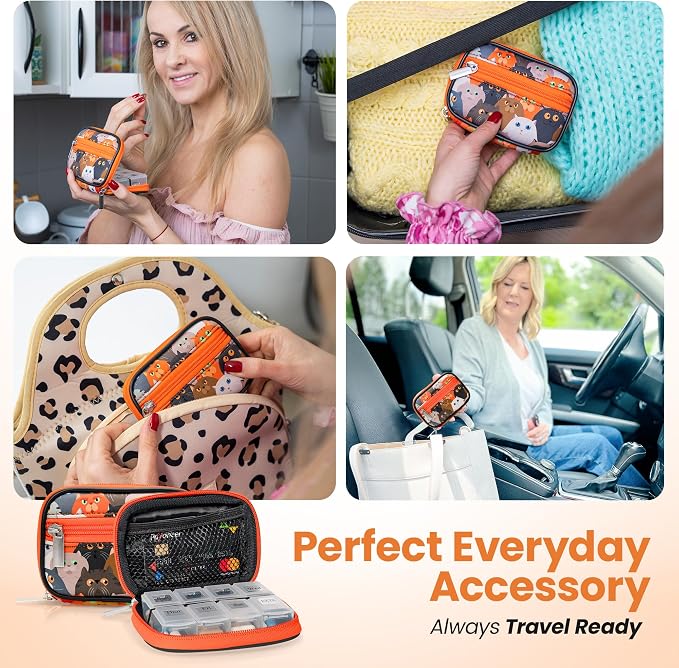 Made Easy Kit Pill Case - Weekly Medicine Organizer with Removable Seven-Day Vitamin & Supplement Box - Premium Neoprene for Travel Purse Accessory (Orange Cat)