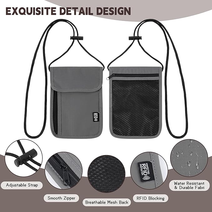 Likesing 5.5" L x 7.9" W Travel Neck Wallet, RFID Passport Holder (Grey) | RFID Blocking Passport Holder for Travel, Security Lightweight Passport Travel Wallet, Neck Pouch Gifts for Women Men