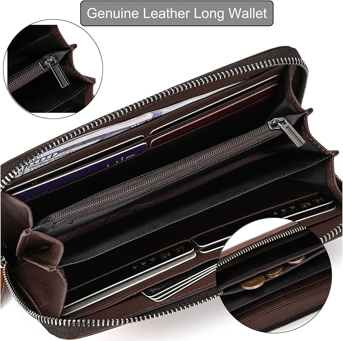 Genuine Leather Long Wallet for Men, Large Capacity Purse Clutch Bag Handbag Checkbook Cash Credit Cards Phone Holder | Large Capacity