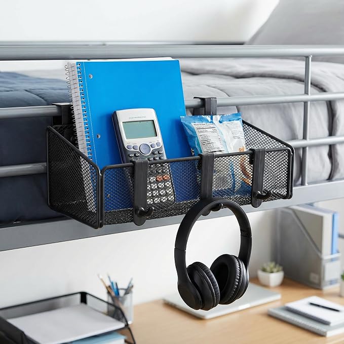 JDYOOMI Bedside Caddy Shelf Hanging Storage Basket for Bunk Bed and Office Cubical Walls,Baby Bed Rails,College Dorm Bed Organizer - 5 Pairs Sized Hooks-for Phone Glass Magazine Decor (White)