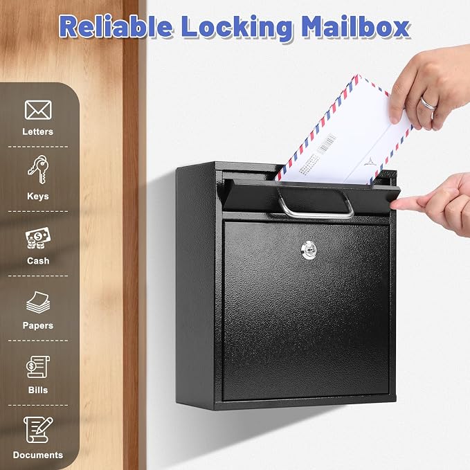 KYODOLED Steel Key Lock Mail Boxes for Outside, Locking Wall Mount Mailbox, Security Key Drop Box for Home, Office or Commercial, 12H x 10.5L x 4.6W Inches, Black Large