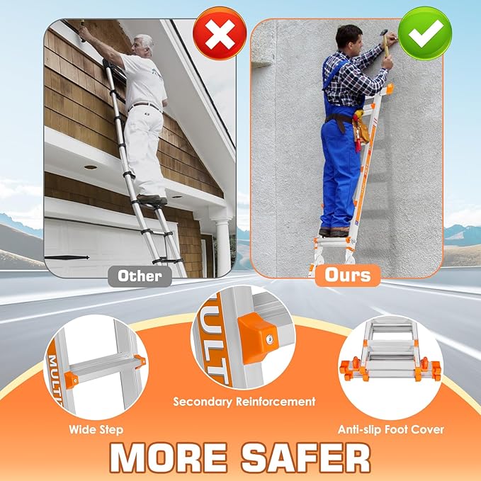 LEVELEVE Telescoping A Frame Ladder, 14FT Multi Position Ladder with Stabilizer Bar & Wheels,330 lbs Security Load for Stairs Home Indoor Outdoor Roof