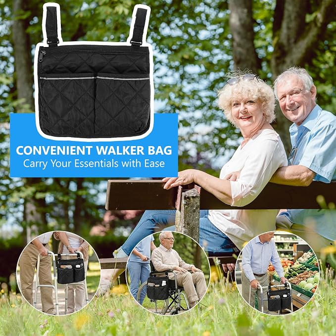 Walker Bag for Folding Walker Walker Basket with Reflective Safety Strips Foldable Wheelchair Storage Bag with 2 Adjustable Straps for Night Visibility Seniors Elderly