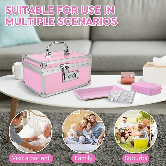 Medication Lock Box Aluminium Alloy Combination Lock for Home and Travel Medicine Lock Box,First Aid Safe Medication Storage Box,7.66''x 5.12''x 4.13'' (Pink)