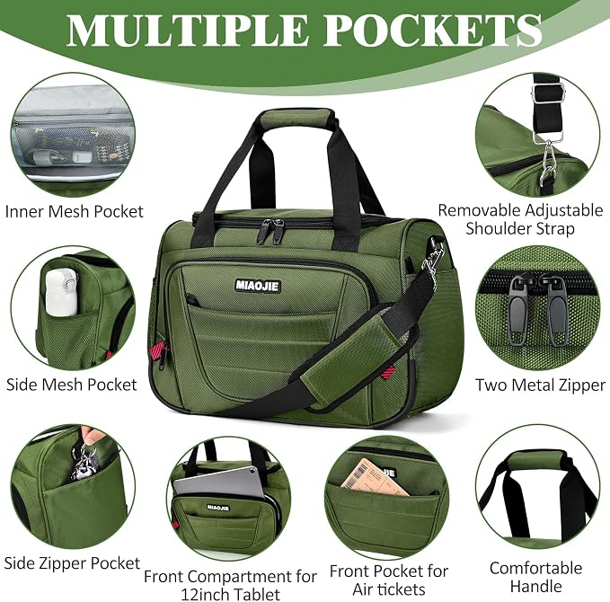Underseat Carry On luggage Bag Airplanes Personal Item Bags, Gym Bag for Men Weekender Overnight Travel Tote Bag Shoulder Small Softside Carry on Luggage Travel Duffel Bags For Men,16 IN Green