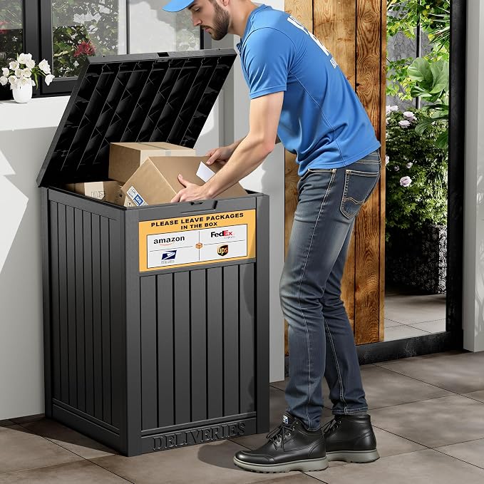 Outdoor Package Delivery Box with Lockable Secure and Sign, Resin Waterproof Outdoor Package Drop Container for Backyard, Garden, Patio & Lawn, Black with Sign