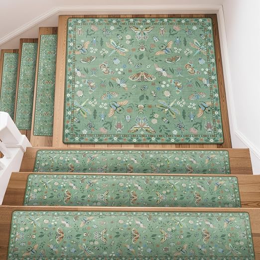 OJIA Stair Treads Non-Slip Stair Runner for Wooden Step 31"x31" Landing Mat | Square Capet Stair Treads Rubber Stair Runner Anti-Slip Stair Matching Mat Stair Rugs Carpet for Stairs Green