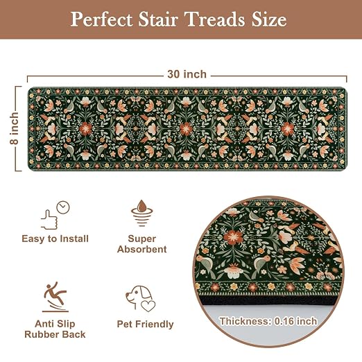 OJIA Black Stair Treads Non-Slip Stair Runner for Wooden Steps 4PCS 30"x8" | Floral Indoor Carpet Stair Treads Stair Mats Staircase Step Treads for Kids, Elders and Dogs, Stair Covers, Black