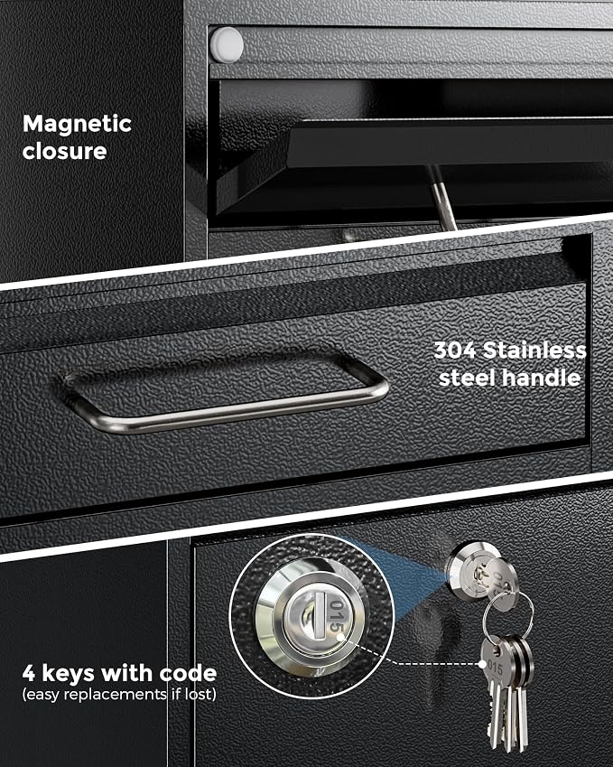 LAND·VOI Large Capacity Mailbox for Outside, Heavy Duty Rustproof, Locking Mailbox, 4 Replaceable Keys, Weatherproof Wall Mounted Mailbox for Residential & Apartment, 15.4"×11.8"×4.7", Black, Large