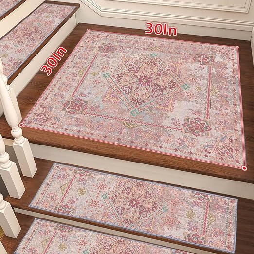 8”x 30” Carpet Stair, Anti-Slip Carpet Treads for Wooden Steps, Self-Adhesive Decorative Stair Runners, Slip-Resistant Treads for Indoor Wooden Staircases (1, Pink, 30X30 inch)