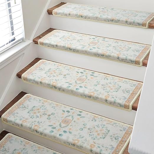 RORA Bullnose Stair Treads for Wooden Steps, Non Slip Stair Carpet 14pcs | Washable, Self-Adhesive, Floral Stair Rug Runner with Edge Protection for Indoor, Pets & Elder, 29.5 x 9.5x 1.7, Beige