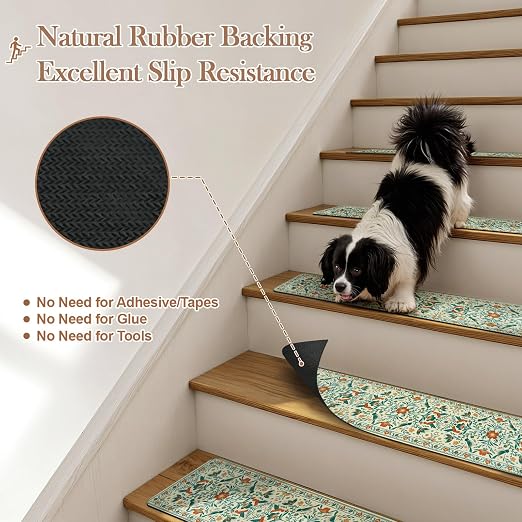OJIA Non-Slip Stair Treads Stair Runner for Wooden Steps Indoor 15PC 30"x8" | Floral Carpet Stair Treads Stair Mats Staircase Step Treads for Kids, Elders and Dogs, Stair Covers, Beige