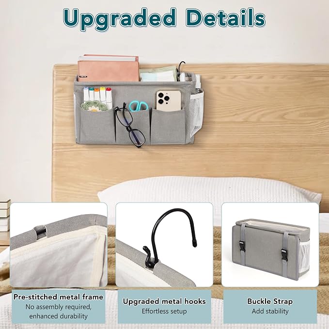 Bedside Caddy Storage Organizer for Bed Rails, Bed Caddy with 6 Pockets | Bedside Organizer with Fixed Straps and Hooks, Mattress Supported Versatile for Home, Dorm, Bunk, Hospital and Crib Bed