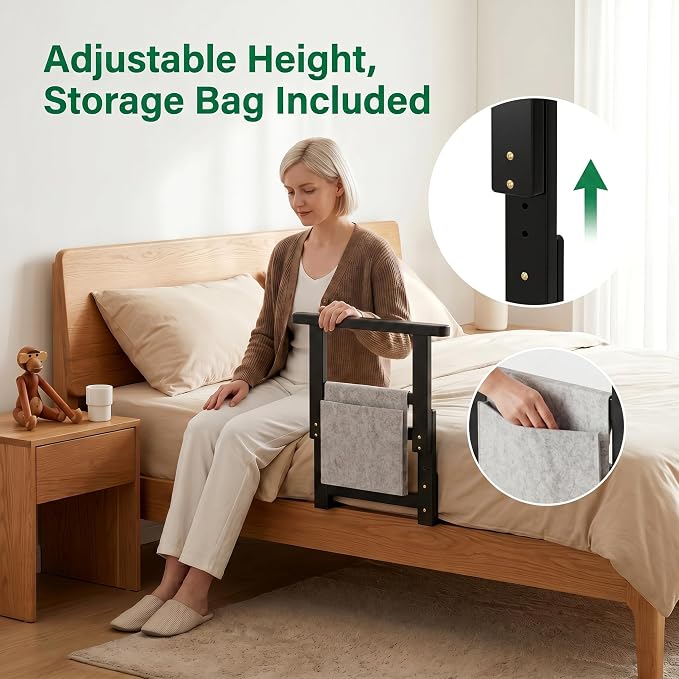 Bamboo Bed Assist Rail for Seniors Adjustable Grab Bar 300lbs Black | Non-Slip Handle, Storage Pocket, Fits 4–12 inch Mattresses, Fits Twin, Full, Queen & King Beds