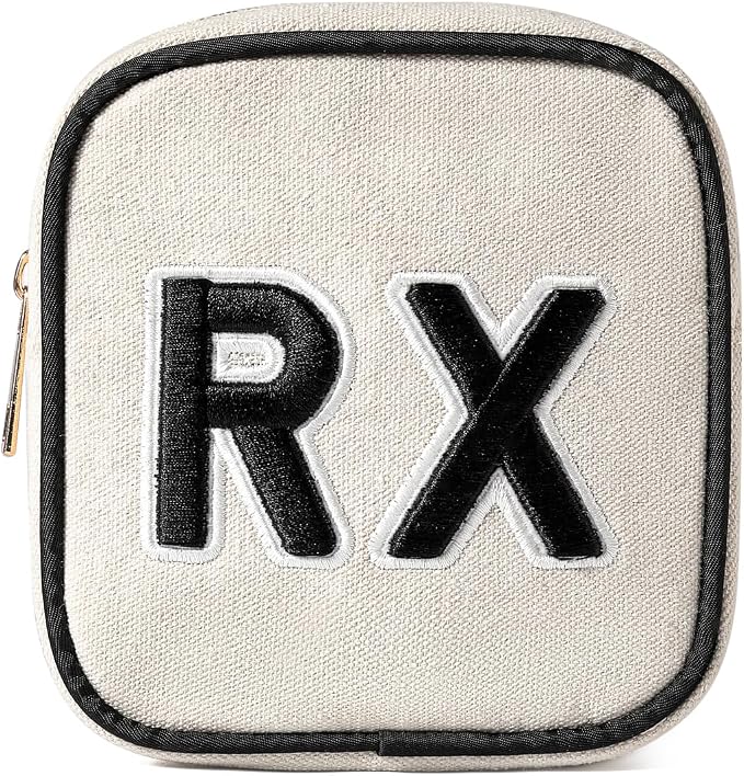 uekeboag Personalized Small Canvas Medicine Cosmetic Bag, Cute Plaid Pattern Chenille Letter Patch RX Drug Pouch with Zipper, Makeup Travel Gift Bag for Women and Girls (11Beige Canvas)