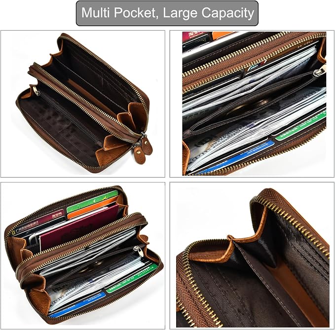 Genuine Leather Long Wallet for Men, Large Capacity Purse Clutch Bag Handbag Checkbook Cash Credit Cards Phone Holder | Large Capacity