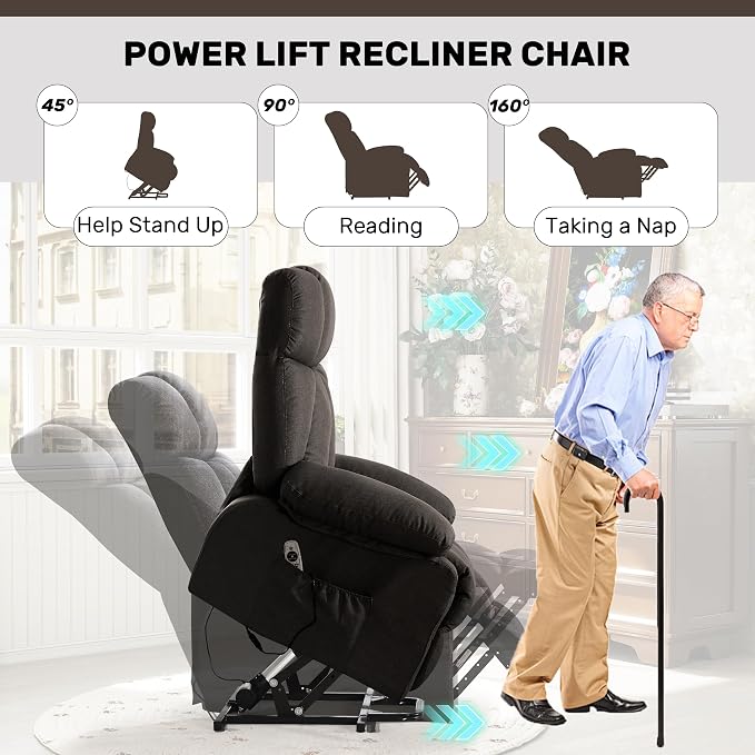 Power Lift Recliner Chair for Elderly, Big and Tall Lift Chair with Massage and Heat for Living Room, Fabric Electric Recliner Chairs with 4 Side Pockets, USB Charge Port,Black
