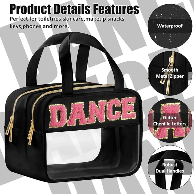 BuyCard Dance Chenille Letter Bags Clear Makeup Bag for Travel, Dance Gift Cosmetic Pouch with Handles and Zipper, Nylon & PVC Waterproof Large Dance Accessories Toiletry Purse Storage Bag for Women