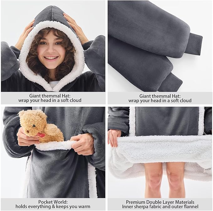 JOYWOO Oversized Wearable Blanket Hoodie,Cat lovers Long Hoodie Blanket for Adult,Birthday Gifts for Women Men Mom,Cozy Fuzzy Sherpa Fleece Sweatshirt Hooded Blanket with Giant Pocket Gifts, Grey