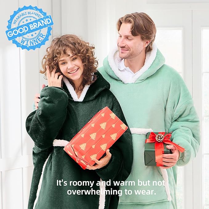 JOYWOO Green Wearable Blanket Hoodie,Oversized Cat Lovers Sweatshirt Blanket for Adult, Birthday Gifts for Women Mom grandma,Cozy Hooded Blanket with Giant Pocket Winter Gifts,Dark Green Standard