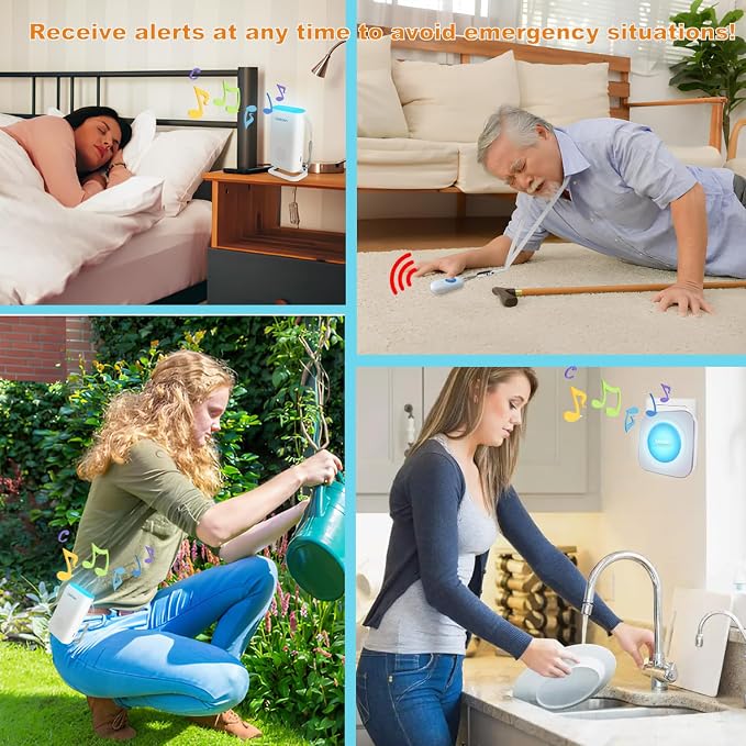 Caregiver Pager Wireless Alert System - Portable Bell for Home/Elderly/Patients/Seniors - 4 Waterproof Buttons, 1 Portable Receiver, 1 Plugin Receiver