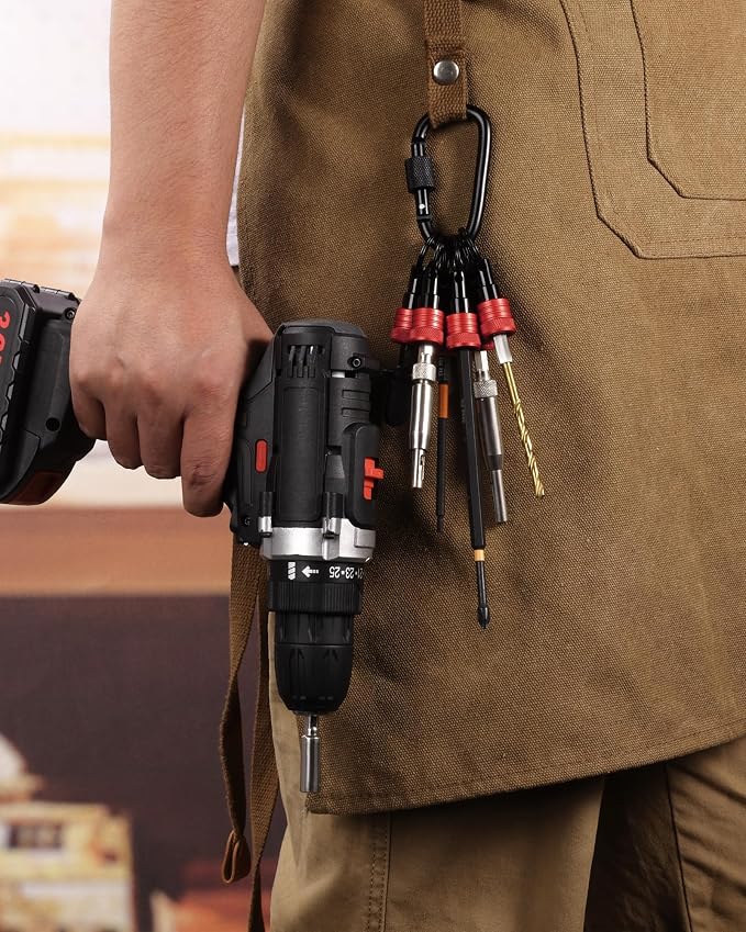 Katerk Bit Holder Keychain 12 Pcs, 1/4-Inch Hex Shank, Quick Release, Red | Aluminum Alloy, Impact Drivers, Drill Bits, Tool Belt Use, Carabiner Clip, One-Handed Operation, Ball Lock, Compact Organizer