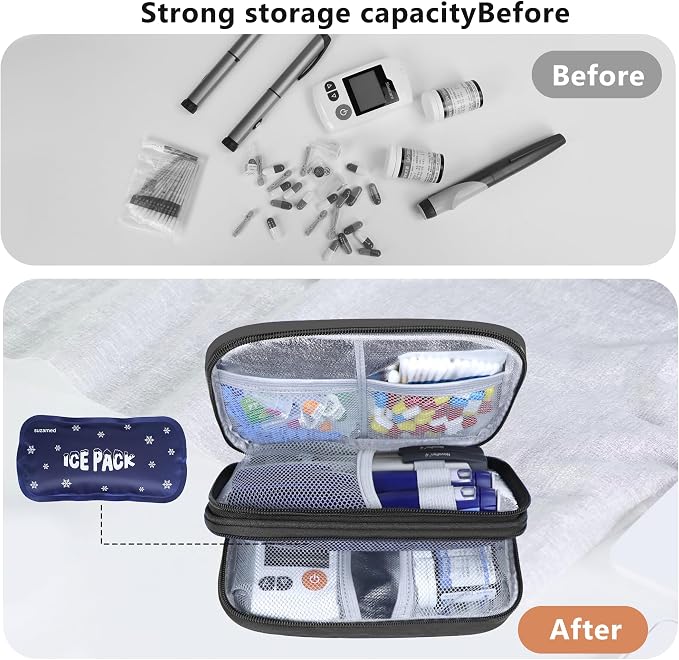 suzamed Insulin Cooler Travel Case, Double Layer Medicine Kit Diabetes Travel Case, Portable Medicine Organizer with 2Pack 150g Ice Pack TSA Approved for Insulin Pens Diabetic Supplies (Black)