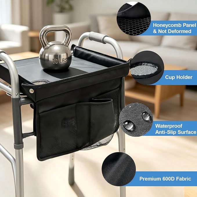 Walker Tray for Folding Walker, Removable Tray for Walker, Tray for Walkers for Seniors with Cup Holder, Fits Standard Walkers, Easy Assembly (Black)
