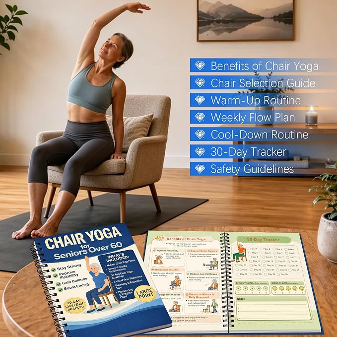 Chair Yoga for Seniors Over 60 Book & Chart – 30-Day Challenge, Gentle Seated Yoga Guide, Chair Yoga for Weight Loss & Flexibility, Senior Chair Exercises for Women & Men, 8.5x11" Book on Chair Yoga (Blue)