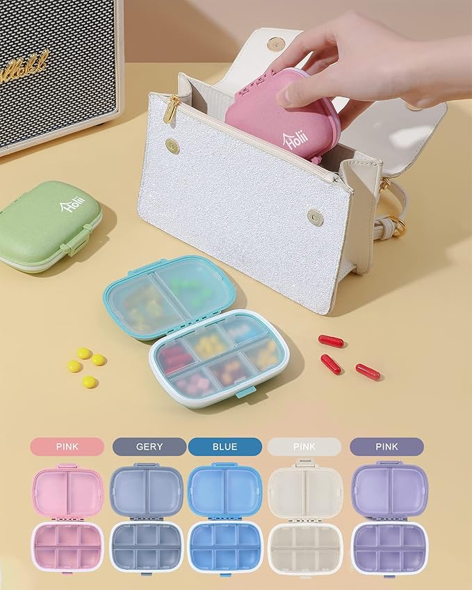 Holii Travel Pill Organizer, 8 Compartments Portable Pill Case, Daily Pill Box to Hold Vitamins, Small Pill Container for Pocket Purse Medicine Organizer（Purple）