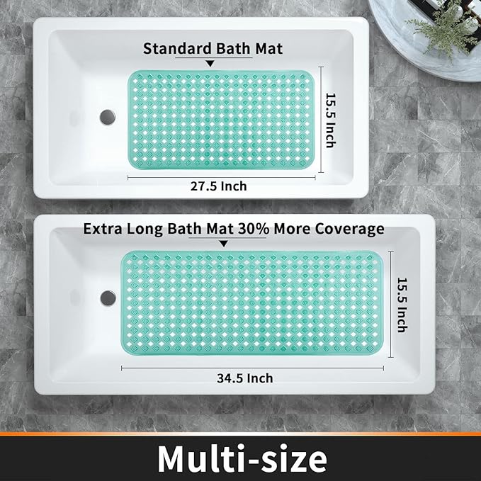 Yimobra Non Slip Bath Mat, Super Strong Suction Cups,34.5"x15.5"Long Tub Mat with Drain Holes, Machine Washable Fast Draining Shower Mats, Bathroom Essentials,Clear Green
