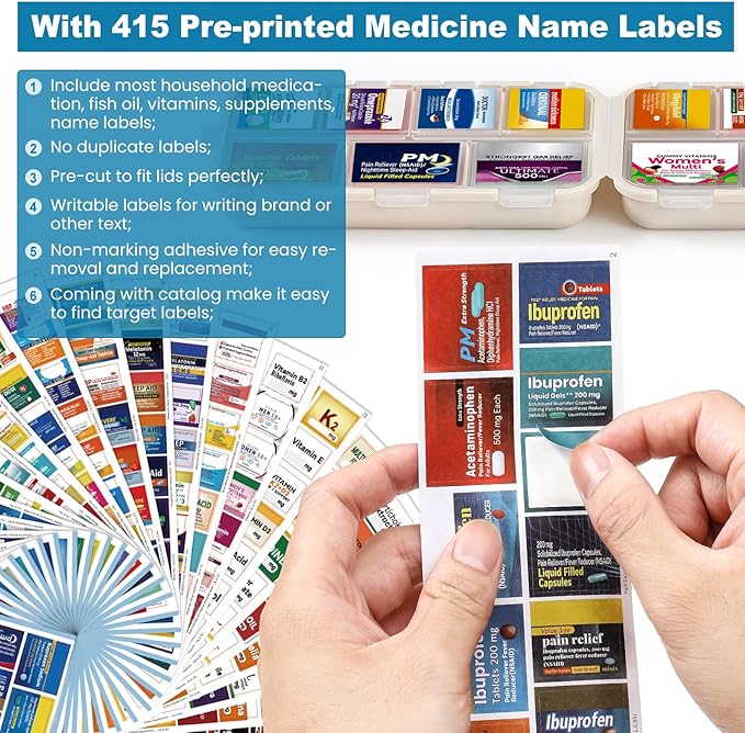 3 Pack 14 Grids Travel Pill Organizer Box with 415-Pcs Medicine Name Labels - Pocket Daily Pharmacy Case Container Kit - Travel Medication Holder Dispenser for Fish Oil Vitamin Supplement Storage