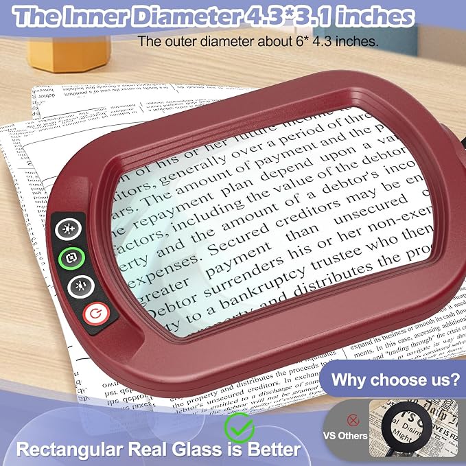 Drdefi 12X Square Magnifying Glass with Light and Stand, Real Glass LED Lighted Magnifier, 5 Color Modes Stepless Dimmable, Hands-Free Mag Desk Lamp with Clamp for Reading Craft Hobby Close Work Red