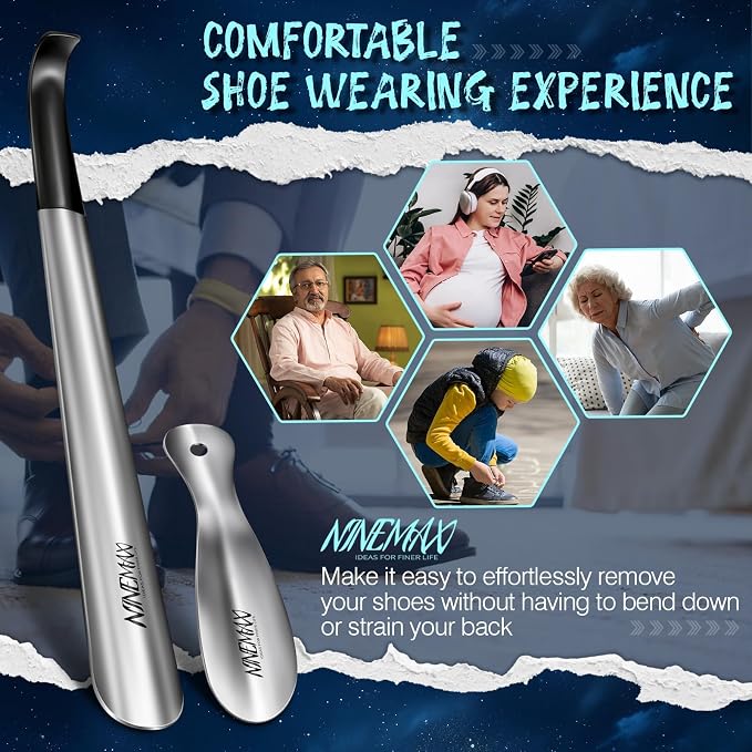 NINEMAX Extra Long Handle Shoe Horn (16.5") & (7.5") Travel Shoe Horns, 2 Pack Metal Shoe Horns for Seniors, Men, Women, Kids | 2 Size Shoe Horn Set, Stainless Steel Design, 16.5" Long Handle For Seniors, 7.5" Travel Size Fits Bags, Daily Shoe Helper