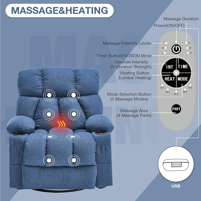 Oversized Massage Swivel Rocker Recliner Chair with Heat and Vibration Rocking Lounge Chair for Living Room Comfy Overstuffed Recliner with 4 Side Pockets,2 Cup Holders, USB Charge Port, Blue