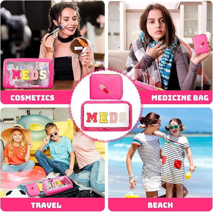 Hillban 2 Pcs Medicine Bag Chenille Letter Patch Meds Bags Travel Cases Preppy Clear Nylon Portable Makeup Bags Zipper Cosmetic Toiletry Storage for Women PVC Transparent Mini First Aid Bag(Lovely)