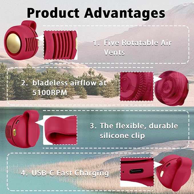 Portable Clip-On Fan, Mini USB Rechargeable 360° Rotatable Fan, Personal Fan 3-Speed Silent Mini Bladeless Fans (2 pack(Black+Red))