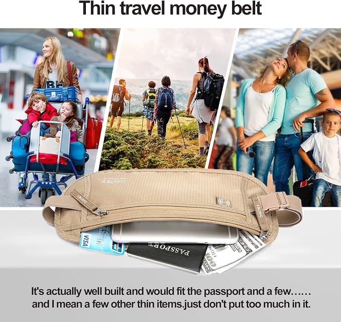 Money Belt - Passport Holder Secure Hidden Travel Wallet with RFID Blocking, Undercover Fanny Pack (Beige)