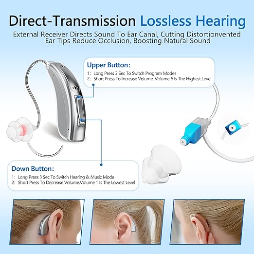 Rechargeable Bluetooth Hearing Aids for Seniors - APP Controlled, Noise Cancelling, Wireless Music Streaming, Hands-Free Phone Calls, OTC Hearing Devices (Silver Bluish Clip)