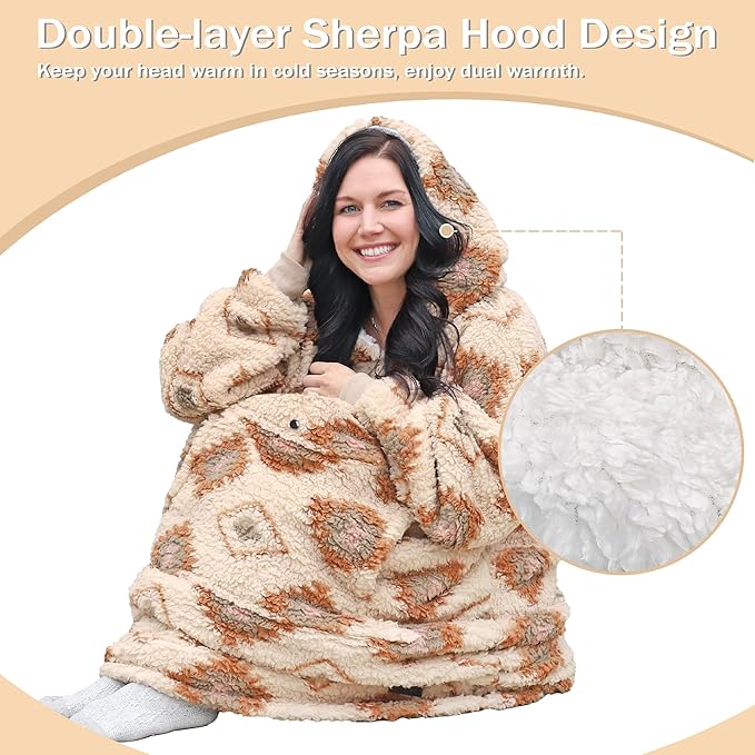 Catalonia Oversized Blanket Hoodie Sweatshirt, Wearable Sherpa Lounging Pullover for Adults Women Men