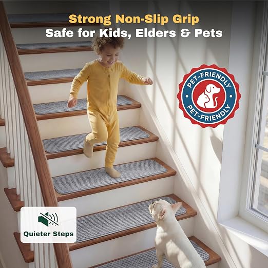 MBIGM Carpet Stair Treads for Wooden Steps, 15 Pack, 8" x 30", Light Gray | Four-layer polyester carpet with PP grid base, nonwoven cushion and TPR adhesive backing adds indoor traction and comfort