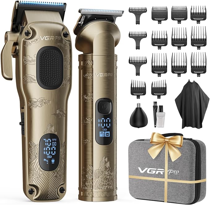 VGRPRO Hair Clippers for Men Professional, Cordless Clipper and Trimmer Set | 7000RPM Grooming Kit with EVA Case, LED display, 14 Guide Combs (including Right & Left Ear Taper Combs), Nose Trimmer Head