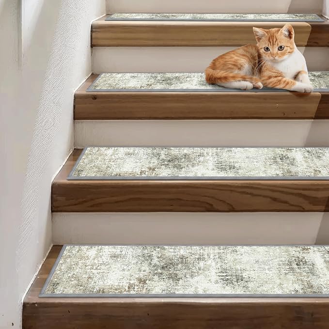 sarben 8"x30" Non Slip Stair Treads for Wooden Steps 15 Pack, Ashstone Grey | Peel and Stick Carpet Stair Runner with TPE Adhesive Backing, Carpet for Added Safety, Pet and Senior Friendly