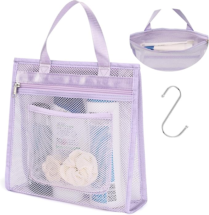 Small Mesh Shower Caddy Portable - Zipper Gym Shower Bag for Travel, Purple | 3 Pockets, Quick-Dry Mesh, S-Hook, Hanging Shower Caddy for Toiletry Essentials, Bathroom & Camping