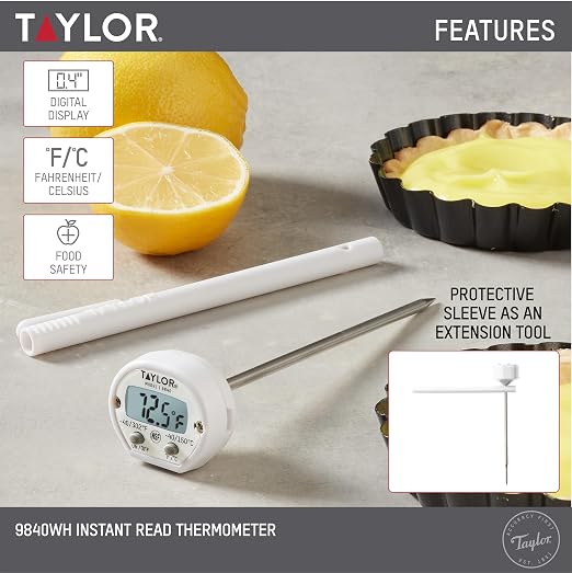 Taylor Instant Read Digital Meat Thermometer for Grill, BBQ & Kitchen, NSF Approved, Fast Internal Temperature Readings, F/C Switchable Display, Battery Included, Pocket Sleeve Clip, White