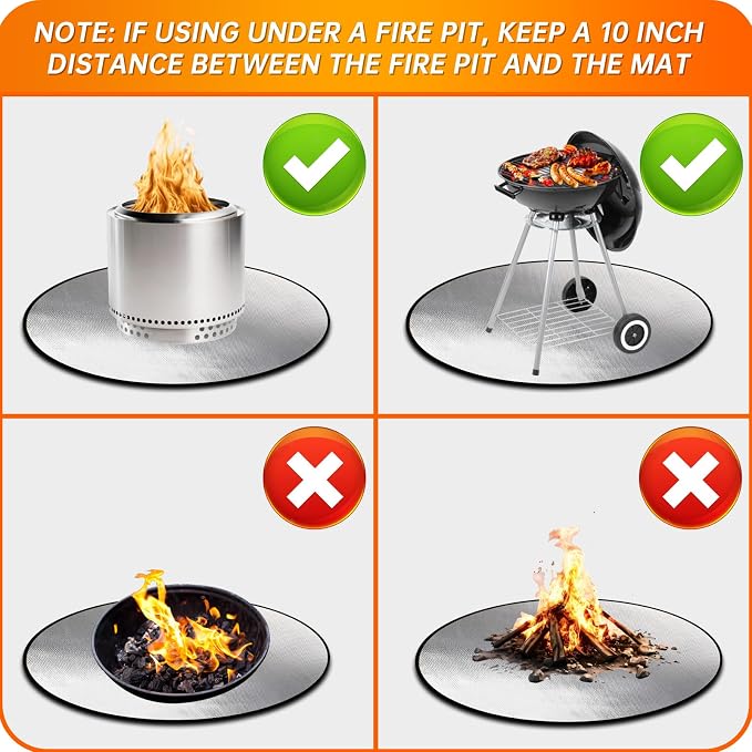 DocSafe 36" Round Fire Pit Mat for Solo Stove Bonfire,4-Layer Double-Sided Fireproof Heat Insulated Under Grill Mat Protector for Deck,Patio,BBQ,Oil-Proof and Reusable and Waterproof,Black＆Silver