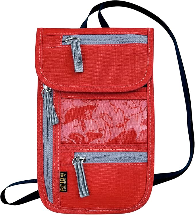 Travel Neck Wallet, RFID Blocking Passport Holder with Adjustable Neck Strap for Men and Women to Keep Cash, Credit Cards and Travel Documents Safe - Red