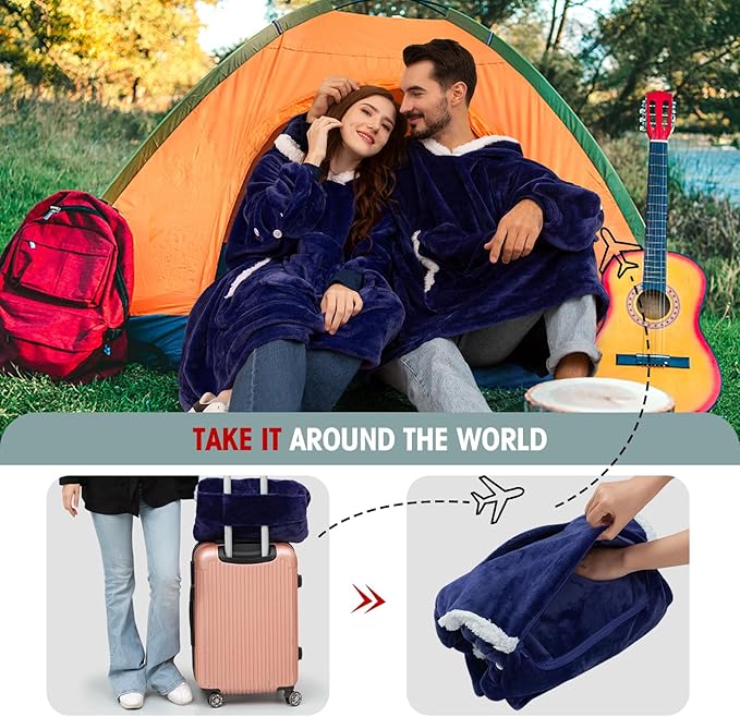 JOYWOO Navy Foldable Wearable Blanket Hoodie with Gloves,Oversized Cat Lovers Sweatshirt Blanket for Adult,Birthday Gifts for Men,Dad,Husband Cozy Sherpa Hooded Blanket with Giant Pocket Winter Gifts