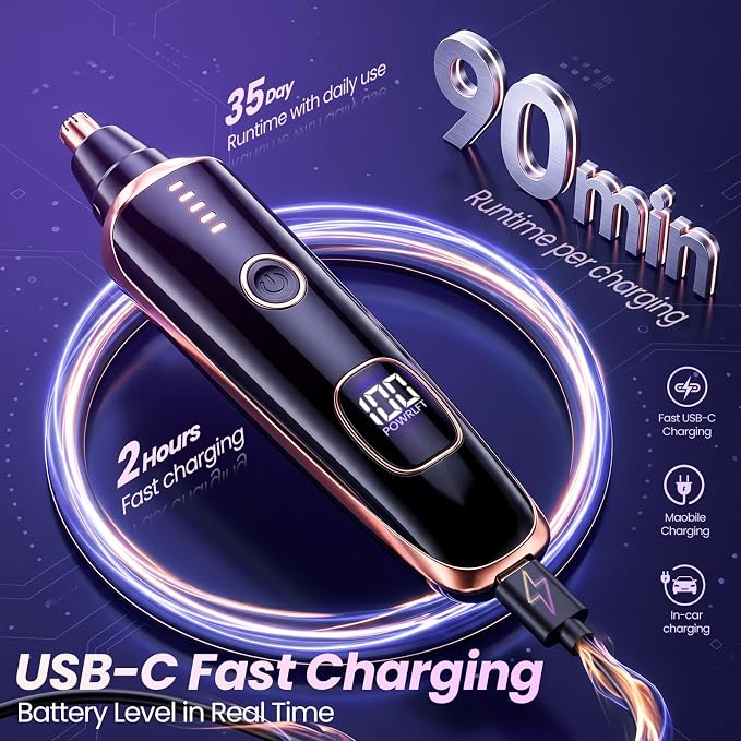 LED Display Ear and Nose Hair Trimmer Clipper for Women Men,2026 Rechargeable 2 in 1 Painless Eyebrow & Facial Hair Trimmer with Powerful Motor and Dual-Edge Blades Easy Cleansing