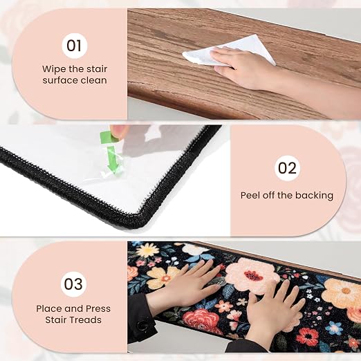 RORA Stair Treads Landing Mat, 30x30 Stair Landing Rug for Indoor | Non-Slip, Washable, For Wooden Steps, Floral Design, Stair Rugs Mat for Pets, Black
